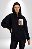 King of Hearts Klasik İskambil Kartı Grafiği Erkek Kadın Siyah Fermuarlı Baskılı Hırka Sweatshirt