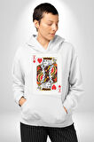 King of Hearts Klasik İskambil Kartı Grafiği Erkek Kadın Beyaz Dijital Baskılı Kapüşonlu Sweatshirt Hoodie