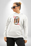 King of Hearts Klasik İskambil Kartı Grafiği Erkek Kadın Beyaz Dijital Baskılı Kapüşonlu Sweatshirt Hoodie
