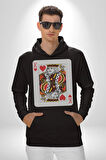 King of Hearts Klasik İskambil Kartı Grafiği Erkek Kadın Siyah Dijital Baskılı Kapüşonlu Sweatshirt Hoodie
