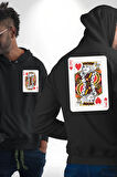 King of Hearts Klasik İskambil Kartı Grafiği Erkek Kadın Siyah Ön Sırt Baskılı Kapüşonlu Sweatshirt Hoodie