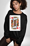 King of Hearts Klasik İskambil Kartı Grafiği Erkek Kadın Unisex Dijital Baskılı Siyah Sweatshirt