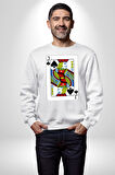 Jack of Spades Klasik İskambil Kartı Grafiği Erkek Kadın Unisex Dijital Baskılı Beyaz Sweatshirt