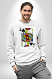 Jack of Spades Klasik İskambil Kartı Grafiği Erkek Kadın Unisex Dijital Baskılı Beyaz Sweatshirt