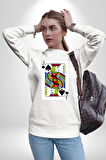 Jack of Spades Klasik İskambil Kartı Grafiği Erkek Kadın Unisex Dijital Baskılı Beyaz Sweatshirt