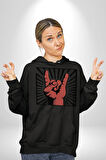 Rock On El İşareti Metal Horns Sembolü Erkek Kadın Siyah Dijital Baskılı Kapüşonlu Sweatshirt Hoodie
