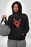 Rock On El İşareti Metal Horns Sembolü Erkek Kadın Siyah Dijital Baskılı Kapüşonlu Sweatshirt Hoodie