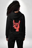 Rock On El İşareti Metal Horns Sembolü Erkek Kadın Siyah Ön Sırt Baskılı Kapüşonlu Sweatshirt Hoodie