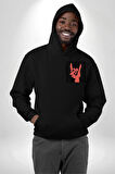 Rock On El İşareti Metal Horns Sembolü Erkek Kadın Siyah Ön Sırt Baskılı Kapüşonlu Sweatshirt Hoodie