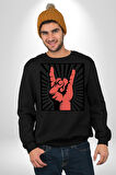 Rock On El İşareti Metal Horns Sembolü Erkek Kadın Unisex Dijital Baskılı Siyah Sweatshirt