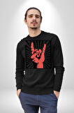 Rock On El İşareti Metal Horns Sembolü Erkek Kadın Unisex Dijital Baskılı Siyah Sweatshirt