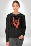 Rock On El İşareti Metal Horns Sembolü Erkek Kadın Unisex Dijital Baskılı Siyah Sweatshirt