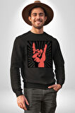 Rock On El İşareti Metal Horns Sembolü Erkek Kadın Unisex Dijital Baskılı Siyah Sweatshirt