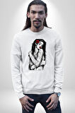 Tattooed Rose Lady Gothic Dövme Sanatı Temalı Erkek Kadın Unisex Dijital Baskılı Beyaz Sweatshirt