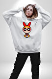 Blossom - Powerpuff Girls Karakter Tasarımı Erkek Kadın Beyaz Dijital Baskılı Kapüşonlu Sweatshirt Hoodie