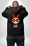 Blossom - Powerpuff Girls Karakter Tasarımı Erkek Kadın Siyah Ön Sırt Baskılı Kapüşonlu Sweatshirt Hoodie