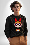 Blossom - Powerpuff Girls Karakter Tasarımı Erkek Kadın Unisex Dijital Baskılı Siyah Sweatshirt