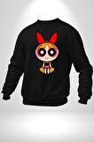 Blossom - Powerpuff Girls Karakter Tasarımı Erkek Kadın Unisex Dijital Baskılı Siyah Sweatshirt