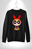 Blossom - Powerpuff Girls Karakter Tasarımı Erkek Kadın Unisex Dijital Baskılı Siyah Sweatshirt