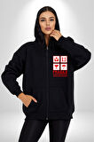 Kırılabilir - Dikkatli Taşıyınız İşareti Erkek Kadın Siyah Fermuarlı Baskılı Hırka Sweatshirt