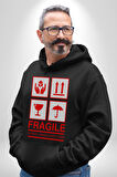 Kırılabilir - Dikkatli Taşıyınız İşareti Erkek Kadın Siyah Dijital Baskılı Kapüşonlu Sweatshirt Hoodie