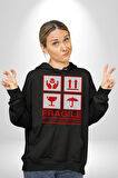 Kırılabilir - Dikkatli Taşıyınız İşareti Erkek Kadın Siyah Dijital Baskılı Kapüşonlu Sweatshirt Hoodie