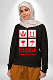 Kırılabilir - Dikkatli Taşıyınız İşareti Erkek Kadın Unisex Dijital Baskılı Siyah Sweatshirt