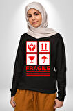 Kırılabilir - Dikkatli Taşıyınız İşareti Erkek Kadın Unisex Dijital Baskılı Siyah Sweatshirt