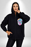 Şeker Kafatası (Day of the Dead) Erkek Kadın Siyah Fermuarlı Baskılı Hırka Sweatshirt