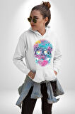 Şeker Kafatası (Day of the Dead) Erkek Kadın Beyaz Dijital Baskılı Kapüşonlu Sweatshirt Hoodie