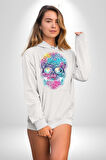 Şeker Kafatası (Day of the Dead) Erkek Kadın Beyaz Dijital Baskılı Kapüşonlu Sweatshirt Hoodie