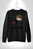Harry Potter Chibi Magic Erkek Kadın Unisex Dijital Baskılı Siyah Sweatshirt