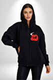 Kırmızı Boğa Maskotu Erkek Kadın Siyah Fermuarlı Baskılı Hırka Sweatshirt