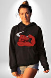 Kırmızı Boğa Maskotu Erkek Kadın Siyah Dijital Baskılı Kapüşonlu Sweatshirt Hoodie