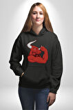 Kırmızı Boğa Maskotu Erkek Kadın Siyah Dijital Baskılı Kapüşonlu Sweatshirt Hoodie