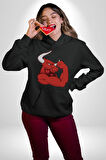Kırmızı Boğa Maskotu Erkek Kadın Siyah Dijital Baskılı Kapüşonlu Sweatshirt Hoodie