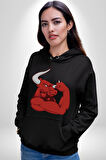 Kırmızı Boğa Maskotu Erkek Kadın Siyah Dijital Baskılı Kapüşonlu Sweatshirt Hoodie