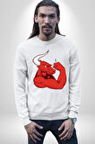 Kırmızı Boğa Maskotu Erkek Kadın Unisex Dijital Baskılı Beyaz Sweatshirt