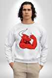 Kırmızı Boğa Maskotu Erkek Kadın Unisex Dijital Baskılı Beyaz Sweatshirt