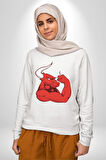 Kırmızı Boğa Maskotu Erkek Kadın Unisex Dijital Baskılı Beyaz Sweatshirt