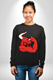 Kırmızı Boğa Maskotu Erkek Kadın Unisex Dijital Baskılı Siyah Sweatshirt