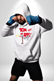 Tom and Jerry Şaşkın Bakış Çizgi Film Erkek Kadın Beyaz Dijital Baskılı Kapüşonlu Sweatshirt Hoodie