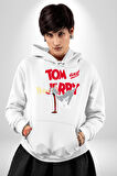 Tom and Jerry Şaşkın Bakış Çizgi Film Erkek Kadın Beyaz Dijital Baskılı Kapüşonlu Sweatshirt Hoodie