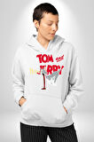 Tom and Jerry Şaşkın Bakış Çizgi Film Erkek Kadın Beyaz Dijital Baskılı Kapüşonlu Sweatshirt Hoodie