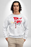 Tom and Jerry Şaşkın Bakış Çizgi Film Erkek Kadın Unisex Dijital Baskılı Beyaz Sweatshirt