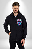 Stitch'in Baloncuk Sevgisiyle Renkli Anlar! Erkek Kadın Siyah Fermuarlı Baskılı Hırka Sweatshirt