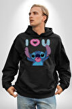 Stitch'in Baloncuk Sevgisiyle Renkli Anlar! Erkek Kadın Siyah Dijital Baskılı Kapüşonlu Sweatshirt Hoodie