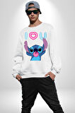 Stitch'in Baloncuk Sevgisiyle Renkli Anlar! Erkek Kadın Unisex Dijital Baskılı Beyaz Sweatshirt