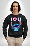 Stitch'in Baloncuk Sevgisiyle Renkli Anlar! Erkek Kadın Unisex Dijital Baskılı Siyah Sweatshirt