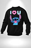 Stitch'in Baloncuk Sevgisiyle Renkli Anlar! Erkek Kadın Unisex Dijital Baskılı Siyah Sweatshirt